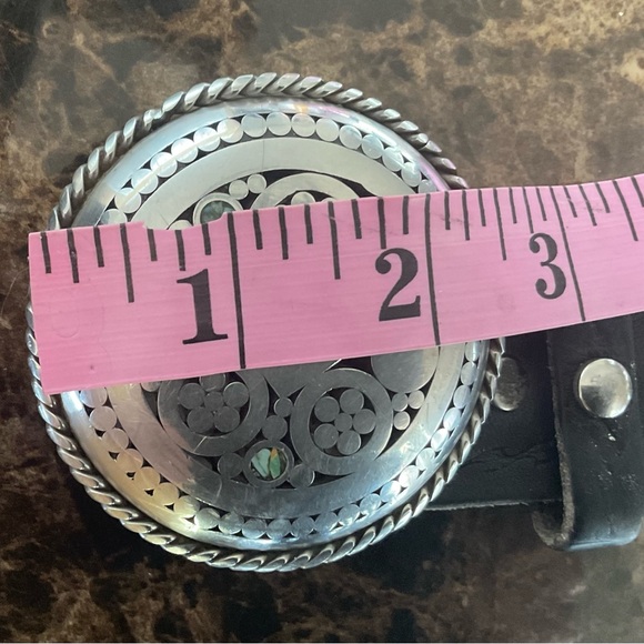 Vtg Mexican Leather Belt with Heavy Turquoise Chip Buckle - Picture 9 of 10